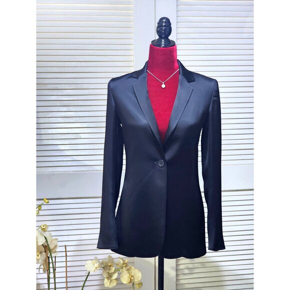 Theory Women's Black Satin Formal Tailored Blazer Single Button Size 0 2749 - Picture 1 of 13